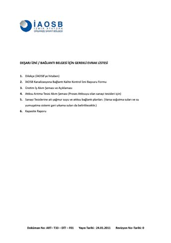 DEŞARJ İZNİ / BAĞLANTI BELGESİ İÇİN GEREKLİ EVRAK