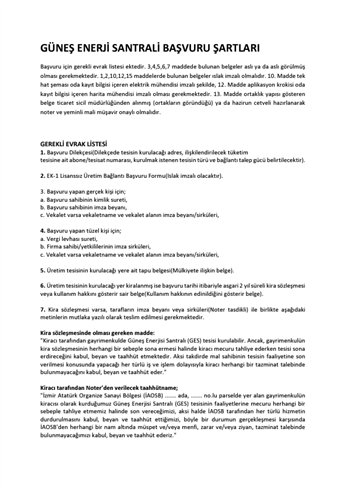 GES BAŞVURUSU İÇİN GEREKLİ EVRAKLAR