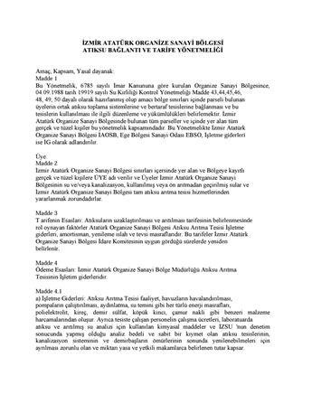 İAOSB ATIKSU BAĞLANTI VE TARİFE YÖNETMELİĞİ