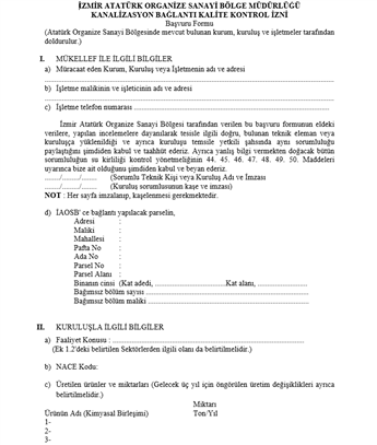 KANALİZASYON BAĞLANTI KALİTE KONTROL İZNİ BAŞVURU FORMU