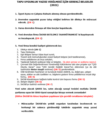 TAPU UYGUNLUK YAZISI VERİLMESİNİ İÇİN GEREKLİ BELGELER